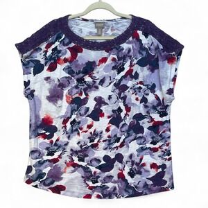 Chicos Floral Watercolor Crochet Trim Slub Knit Top Purple Red Womens Size XL/16
